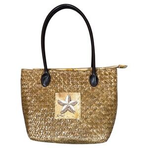 Sun N‎ Sand Straw Woven Zip Tote Bag Starfish Beaded Patch Beach Resort Purse